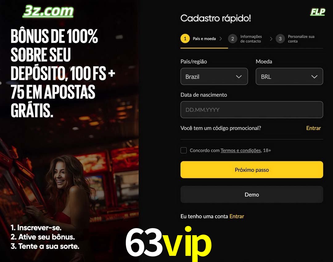 63vip registro oficial cassino online Brasil com bônus de depósito e free spins